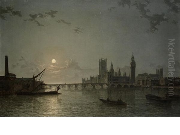 A Moonlit View Of The Houses Of Parliament From The Thames Oil Painting by Henry Pether