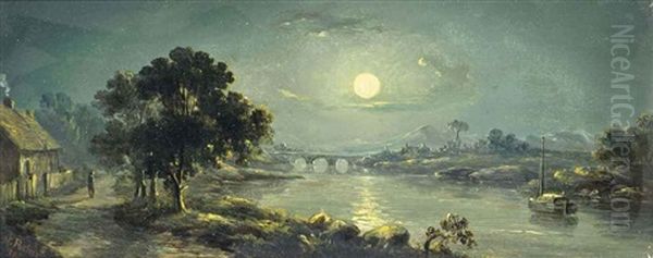 Moonlit Night Oil Painting by Henry Pether