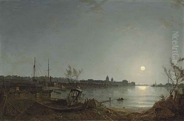 A View Of Greenwich Reach From The Thames By Moonlight, With The Hospital, Enderby House And The Telegraph House Oil Painting by Henry Pether