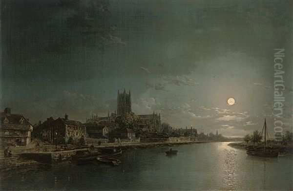 A View Of Worcester Cathedral From The River Severn Oil Painting by Henry Pether