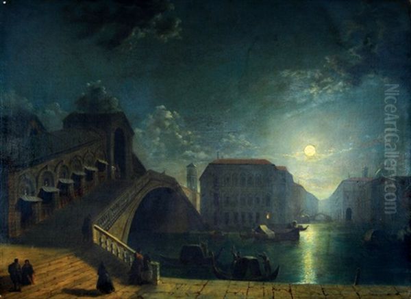 A Moonlit View Of The Rialto Bridge In Venice Oil Painting by Henry Pether