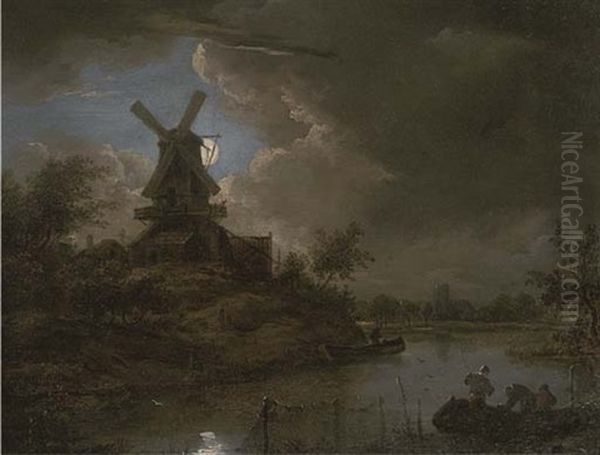 A Moonlit River Landscape With Figures In A Boat In The Foreground And A Windmill Beyond Oil Painting by Henry Pether