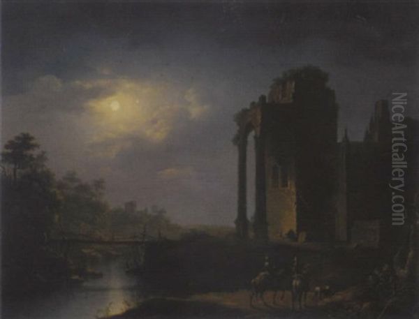 A Moonlit River Landscape With Horsemen By Ruins Oil Painting by Henry Pether