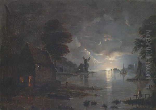 Figures By A Cottage In A Moonlit Lake Landscape With Boats And A Windmill Beyond Oil Painting by Henry Pether