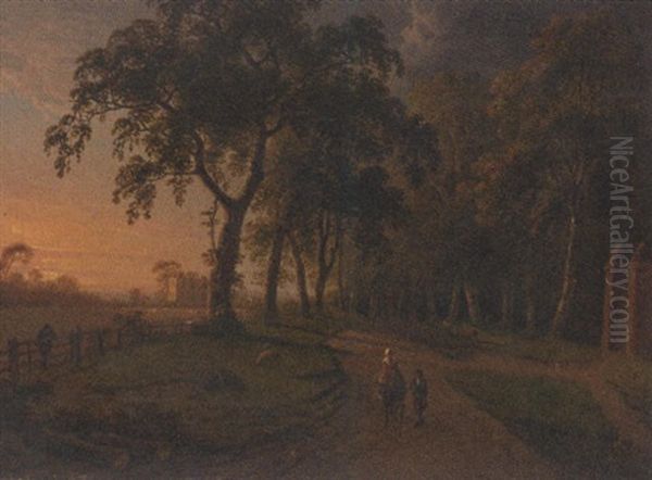 Figures On A Parkland Track With A Country House Beyond Oil Painting by Henry Pether