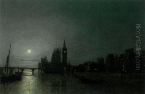 Westminster By Moonlight Oil Painting by Henry Pether