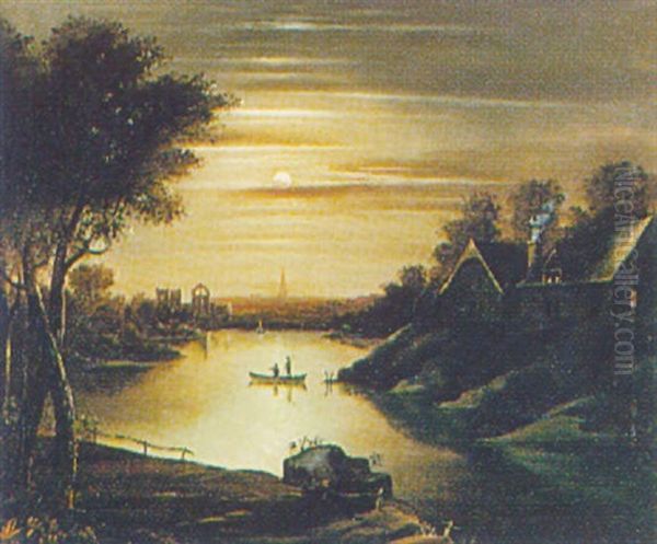 Punting By Moonlight, A Cathedral Spire In The Distance Oil Painting by Henry Pether