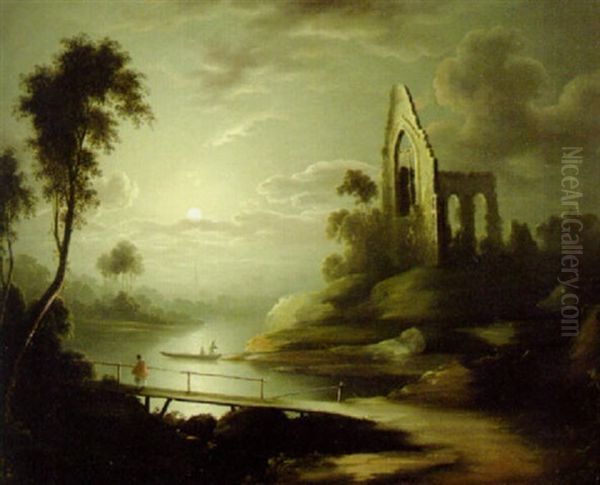 Figures In A Moonlit River With A Ruined Abbey Beyond Oil Painting by Henry Pether