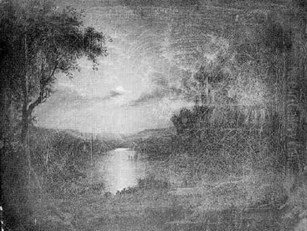 A Moonlit River With Figures Fishing Before A Castle Oil Painting by Henry Pether