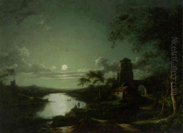 Figures In An Extensive Moonlit River Landscape Oil Painting by Henry Pether