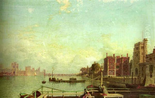 A View Of The River Thames, With The New Palace Of Westminster In The Distance Oil Painting by Henry Pether