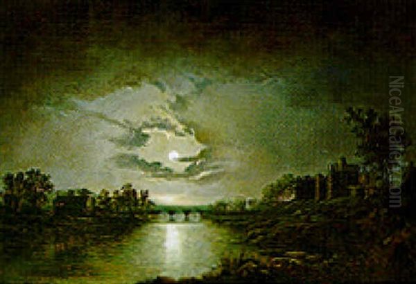 Chepstow Castle By Moonlight Oil Painting by Henry Pether