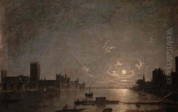 The New Houses Of Parliament...by Moonlight Oil Painting by Henry Pether