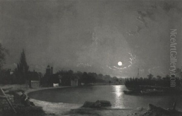 Figures Before A Lake In A Moonlit Landscape With A Town Beyond Oil Painting by Henry Pether