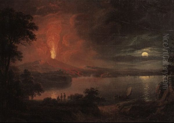 View Of The Eruption Of Mount Vesuvius By Moonlight Oil Painting by Henry Pether