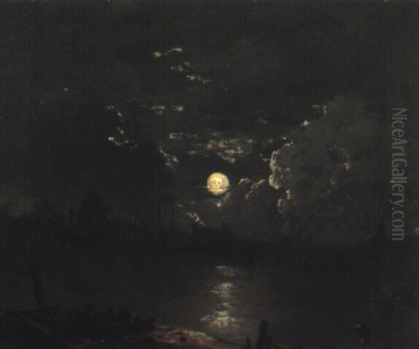 The City Of London From The Thames By Moonlight Oil Painting by Henry Pether