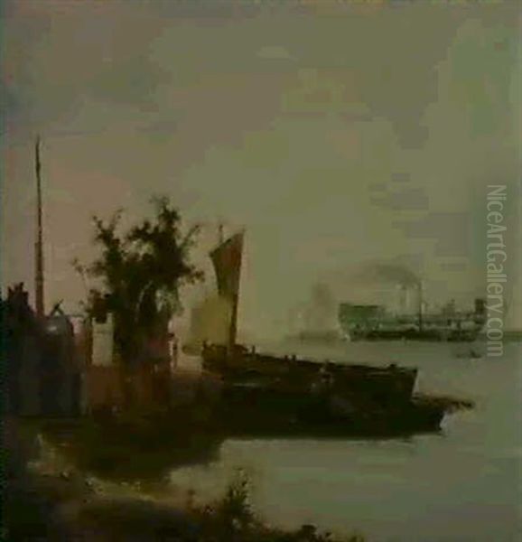 Boats Moored By The Shore Oil Painting by Henry Pether