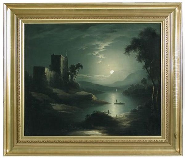 Moonlit Landscape With A Church On A Hill Above A Lake, With Fishermen In A Rowing Boat Oil Painting by Sebastian Pether