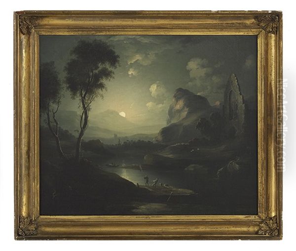 Moonlight Riverscape With Figures And Ruins Oil Painting by Sebastian Pether