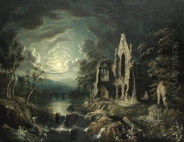 Moonlit Landscape With Ruined Priory, River And Church Oil Painting by Sebastian Pether