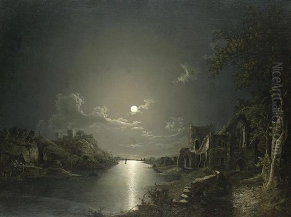 A Moonlit River Scene With Church Ruins Oil Painting by Sebastian Pether