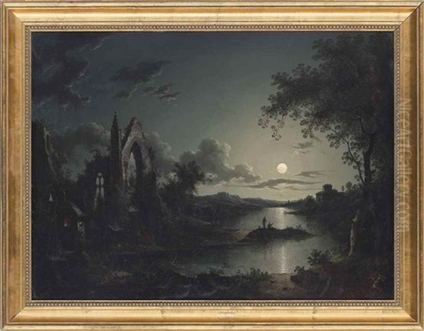 A Moonlit Lake Landscape With A Ruined Abbey And Fishermen On A Promontory, A Town Beyond Oil Painting by Sebastian Pether