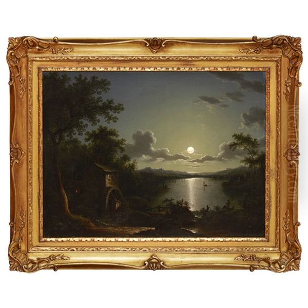 Moonlight Scene With Figures On A Lake Oil Painting by Sebastian Pether