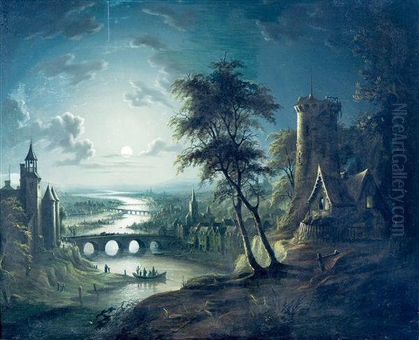 Rivierlandschap Bij Maanlicht Oil Painting by Sebastian Pether