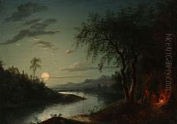 Moon Light Landscape With A Bonfire Oil Painting by Sebastian Pether