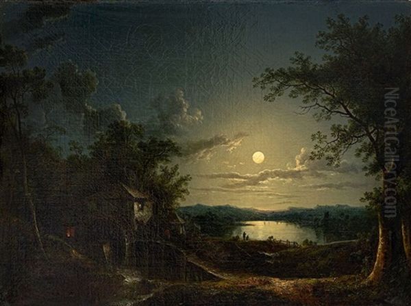 A Watermill Beside A Lake In The Moonlight Oil Painting by Sebastian Pether