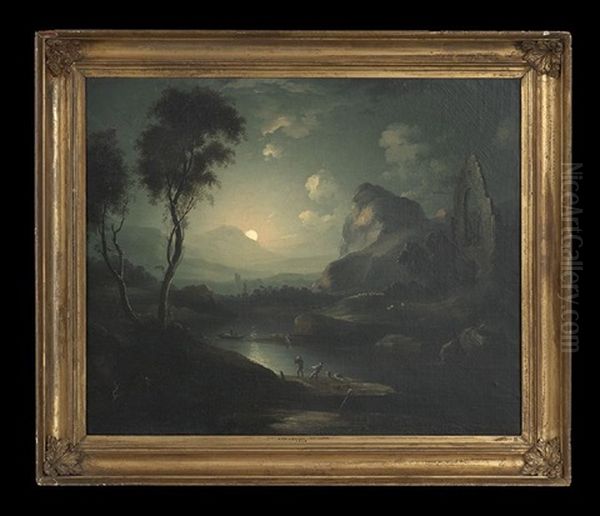 Moonlight Riverscape With Figures And Ruins Oil Painting by Sebastian Pether