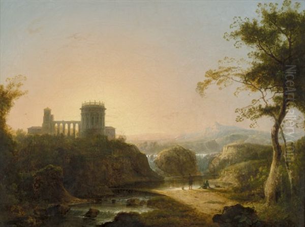 Zwei Fischer In Einer Flusslandschaft Mit Architekturcapriccio Oil Painting by Sebastian Pether