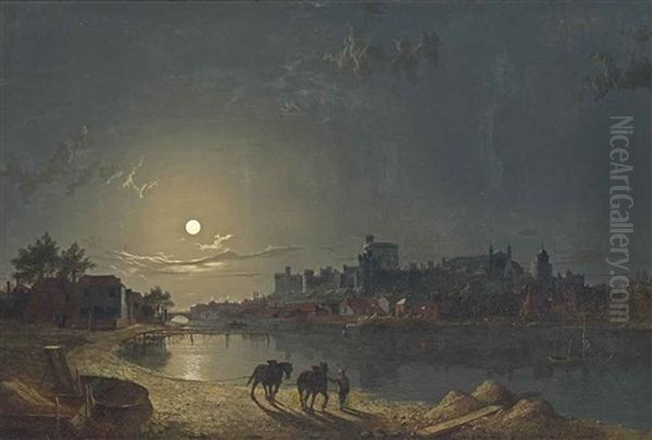 A Moonlit View Of Windsor Castle, With A Traveller And His Horses In The Foreground Oil Painting by Sebastian Pether