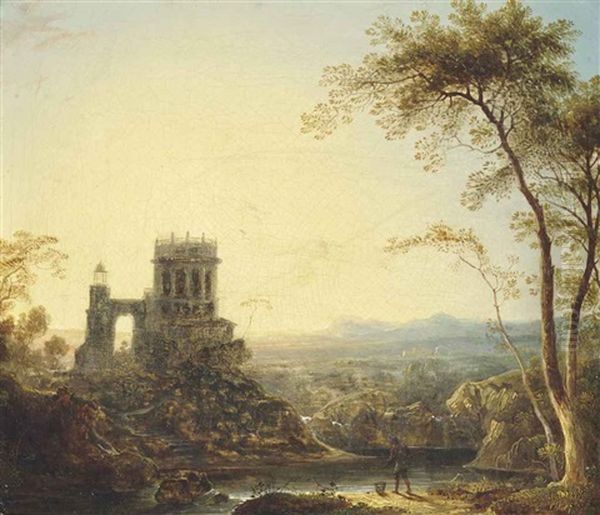 An Extensive River Landscape With A Fisherman By The Shore, Before A Tower Oil Painting by Sebastian Pether