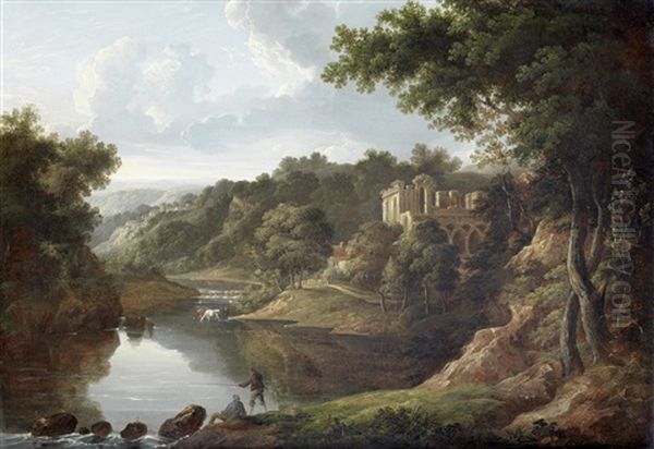 A Wooded Landscape With Fishermen In The Foreground, Horses Watering Before A Waterfall And A Ruined Gothic Building Beyond Oil Painting by Sebastian Pether