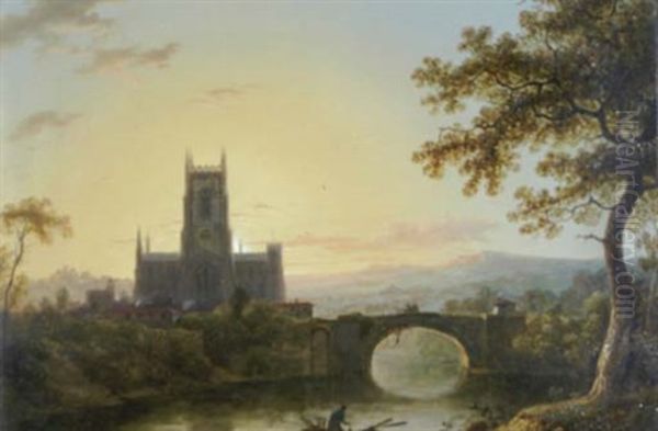 A River Landscape With A Church And A Fisherman In The Foreground Oil Painting by Sebastian Pether