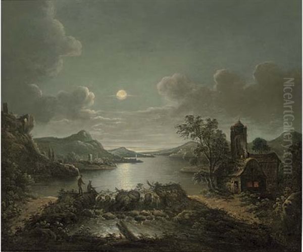 Anglers In A Moonlit River Landscape Oil Painting by Sebastian Pether