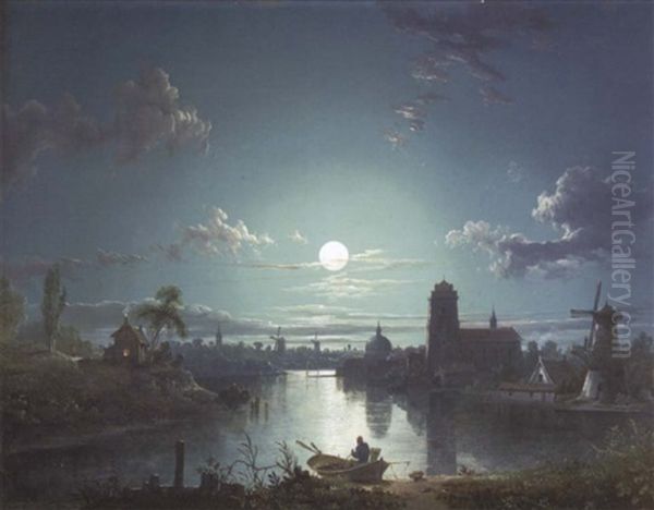 A Riverside Town By Moonlight Oil Painting by Sebastian Pether