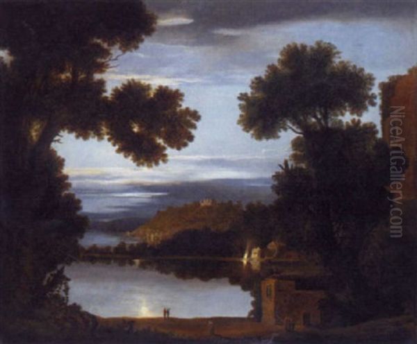 Figures By A Moonlit Lake, Fires Beyond Oil Painting by Sebastian Pether