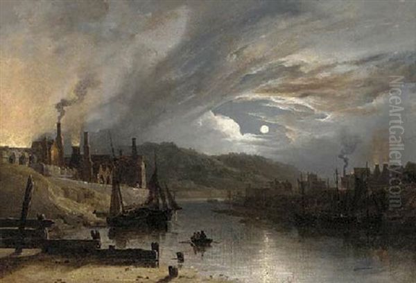 A Moonlit Industrial Landscape Oil Painting by Sebastian Pether