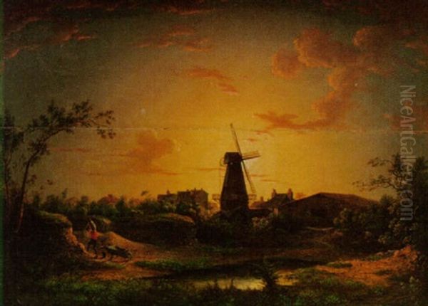 A Worker Digging In A Quarry Near A Village At Sunset Oil Painting by Sebastian Pether