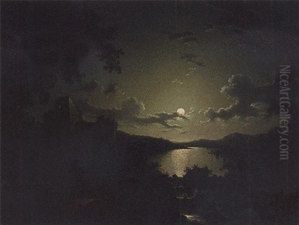 A Moonlit River Landscape With A Castle Ruin In The Foreground Oil Painting by Sebastian Pether