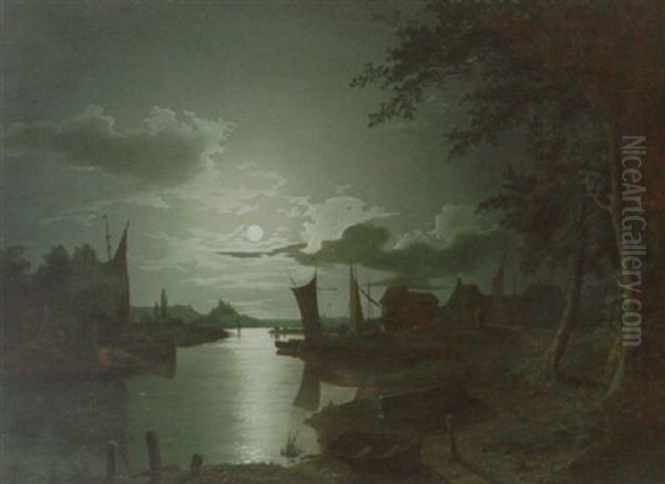 A Moonlit River With Boats Moored By A Hamlet Oil Painting by Sebastian Pether