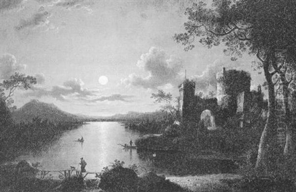 A Moonlit Landscape With A Castle By A River Oil Painting by Sebastian Pether