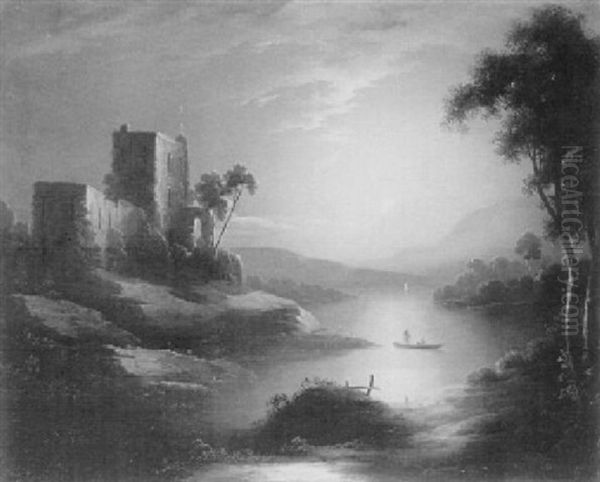 Figures Rowing In A River Landscape With A Ruin, By Moonlight Oil Painting by Sebastian Pether