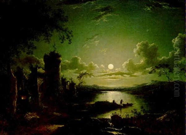 Moonlit Landscape With Figure And Ruined Castle By A Lake Oil Painting by Sebastian Pether