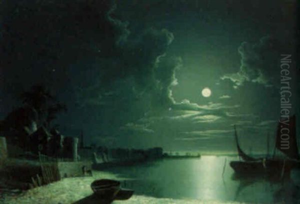 A Moonlit Harbor Oil Painting by Sebastian Pether