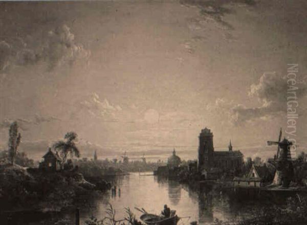 A Dutch Canal Scene By Moonlight Oil Painting by Sebastian Pether