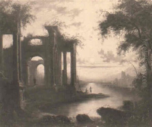 Classical Ruins In A Moonlit Lake Landscape Oil Painting by Sebastian Pether