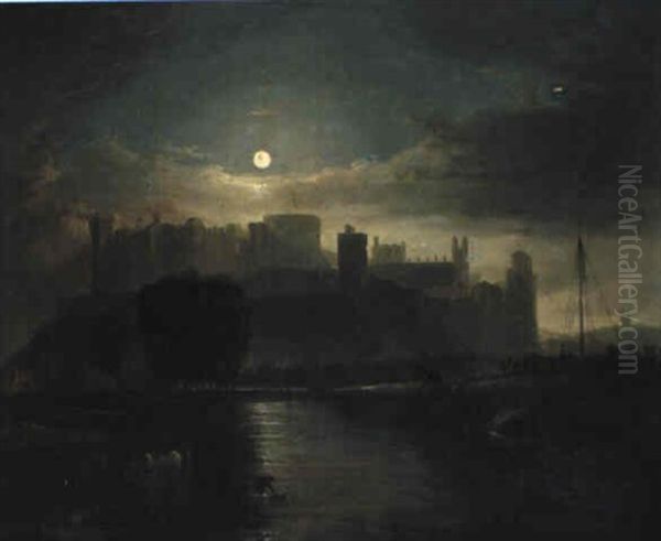 A View Of Windsor Castle, From The River Thames: Moonlight Oil Painting by Sebastian Pether